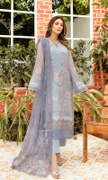 Front: 1 meter crinkle chiffon embroided  Back: 1 meter crinkle chiffon plain  Sleeves: 0.75 meter crinkle chiffon embroided  Front/Back border: 2 meter organza embroided  Sleeves border: 1 meter organza embroided  Dupatta: 2 meter net embroided  Dupatta border: net embroided (2 sides)z  Trouser: 2.5 meter grip