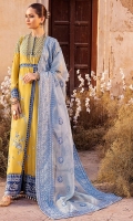 Embroidered Lawn Front: (0.75 yard) Embroidered Lawn Back: (1.5 yard) Embroidered Lawn Front Body: (1 piece) Embroidered Lawn Back Body: (1 piece) Embroidered Raw Silk Border for Front/Back: (2 meter) Embroidered Raw Silk Border for Front 2: (3.5 yards) Embroidered Lawn Sleeves: (0.75 meter) Embroidered Raw Silk Border for Sleeves: (1 meter) Embroidered Organza Dupatta: (3 yards) Embroidered Border for Dupatta: (2 meter) Cotton Trousers: (2.5 yard)