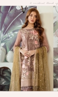 Embroidered chiffon front: 1 yard Embroidered Organza border for back: 1 yard Embroidered chiffon for back: 1 yard Embroidered chiffon for sleeves: 0.75 yard Embroidered Organza border for sleeves: 1 yard Embroidered Net for dupatta: 2.75 yard Embroidered trouser patch: 1 yard Trousers: 2.50 yard