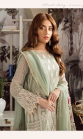 Embroidered chiffon for center panel front: 13 inch Embroidered chiffon for side panels front: 2pcs Embroidered chiffon for back: 1 yard Embroidered chiffon for sleeves: 0.75 yard Embroidered patch for dupatta: 5 yard Embroidered patch for back: 1 yard Embroidered patch for sleeves: 1 yard Embroidered trouser patch: 1 yard Trousers: 2.50 yard