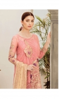 Embroidered chiffon for front panel: 1 pcs  Embroidered organza motif for front: 1pcs  Embroidered chiffon for front side panel & back: 1.50 yards  Embroidered organza border for front & back: 2 yards  Embroidered chiffon for sleeves: 0.75 yard  Embroidered organza border for sleeves & trouser: 2 yards  Embroidered chiffon for dupatta: 2.75 yards  Raw silk for trousers: 2.50
