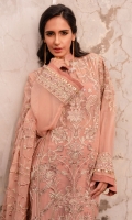 EMBROIDERED CHIFFON CENTRE PANEL WITH SEQUINS EMBROIDERED CHIFFON SIDE PANELS WITH SEQUINS EMBROIDERED CHIFFON BACK WITH SEQUINS EMBROIDERED ORGANZA FRONT AND BACK HEM (BORDER) EMBROIDERED CHIFFON SLEEVES EMBROIDERED ORGANZA SLEEVES PATCH RAW SILK PANTS EMBROIDERED CHIFFON DUPATTA WITH SEQUINS