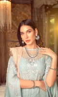 Embroidered Chiffon Front Bodice Embroidered Chiffon Front Plain Chiffon Back Embroidered Organza Front and Back Hem (Border) Embroidered Chiffon Sleeves Embroidered Organza Sleeve Patch Raw Silk Pants Embroidered Chiffon Dupatta