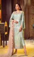 Embroidered Chiffon Front Bodice Embroidered Chiffon Front Plain Chiffon Back Embroidered Organza Front and Back Hem (Border) Embroidered Chiffon Sleeves Embroidered Organza Sleeve Patch Raw Silk Pants Embroidered Chiffon Dupatta