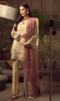Embroidered Chiffon Front Embroidered Chiffon Back Embroidered Organza Front and Back Hem (Border) Embroidered Organza Neckline Finishing Embroidered Chiffon Sleeves Embroidered Organza Sleeve Patch Raw Silk Pants Embroidered Net Dupatta Embroidered Raw Silk Dupatta Pallu Patch (Light Purple)
