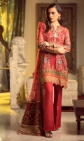 Embroidered Chiffon Front Embroidered Chiffon Back Embroidered Raw Silk Front and Back Hem (Border) (Orange) Embroidered Raw Silk Front and Back Hem (Border) (Green) Embroidered Chiffon Sleeves Embroidered Organza Sleeve Patch Raw Silk Pants Embroidered Net Dupatta Embroidered Raw Silk Dupatta Pallu Patch (Maroon) Embroidered Raw Silk Dupatta Pallu Patch (Orange) Embroidered Raw Silk Dupatta Length Border (Maroon)