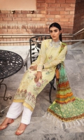 Embroidered Lawn Front Embroidered Lawn Back Embroidered Organza Front and Back Hem (Border) Embroidered Lawn Sleeves Embroidered Organza Sleeve Patch Cotton Pants Digital Print Chiffon Dupatta