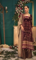 Embroidered Velvet Front Embroidered Velvet Back Embroidered Raw Silk Front and Back Hem (Border) Embroidered Velvet Sleeves Embroidered Raw Silk Sleeve Patch Silk Brocade (Jamawaar) Pants Metallic Tulle (Zarri Net) Dupatta Embroidered Raw Silk Dupatta Patch