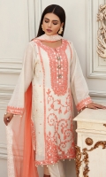 Ivory cotton net embroidered shirt comes with coral chiffon dupatta and plain pants.