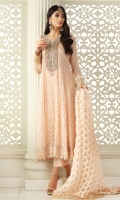 Pale blush chiffon embroidered long peshwas with hand worked neckline and embroidered borders. It is paired with chiffon dupatta with sequins and pearl spray and pants with heavy borders.