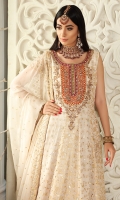 Pearly white jamawar pishwas with heavy neckline adorned with lace borders, heavy gota and sequins spray. Beautiful jamawar lehnga with borders and rust kamdani dupatta with borders. Perfect for nikah and engagement functions.