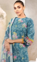 Chiffon dupatta Printed lawn shirt/sleeves 3.12 meters Embroidered shirt front Dyed cambric trouser