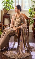 SHIRT FRONT: EMBROIDERED CHIFFON SHIRT BACK: DYED CHIFFON SHIRT SLEEVES: EMBROIDERED CHIFFON DUPATTA: EMBROIDERED HD NET TROUSER: DYED CREPE  EMBROIDERY DETAILS: EMBROIDERED ORGANZA DAMAN BORDER WITH ZARI &THREAD WORK EMBROIDERED ORGANZA SLEEVES BORDER WITH ZARI WORK DYED CREPE TROUSER