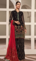 Embroidered Chiffon Front Embroidered Chiffon Back & Kali Embroidered Chiffon Sleeves Embroidered Front, Back & Sleeves Patch Embroidered Neckline Patch Embroidered Chiffon Dupatta Embroidered Grip Trouser