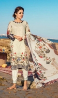 1.25m Digital Printed and Embroidered Lawn Front 1.25m Digital Printed Lawn Back 0.66m Digital Printed Lawn Sleeves 2.5m Digital printed Crinkle Chiffon Dupatta 2.5m Dyed Cotton Trouser