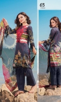 1.25m Digital Printed Lawn Front 1 Emb Neckline Patch 1.25m Digital Printed Lawn Back 0.66m Digital Printed Lawn Sleeves 2.5m Digital printed Crinkle Chiffon Dupatta 2.5m Dyed Cotton Trouser 1 m Schiffli Embroidered Border for Trouser