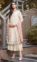 Embroidered Karandi Front 1 M Embroidered Karandi Back 1.14 M Embroidered Front Daman Patch 1 M Embroidered Karandi Sleeves 0.67 M Embroidered Cotail Dupatta 2.5 M Dyed Embroidered Karandi Trouser 2.5 M