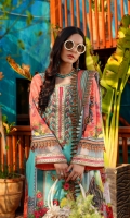 Printed Lawn Front, Back & Sleeves Printed Chiffon Dupatta Embroidered Neckline Embroidered Front, Back & Ghera Patti Embroidered Sleeves Patti Dyed Trousers