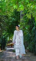 Schiffli Embroidered Lawn Front Lawn Back & Sleeves Embroidered Organza Dupatta Front & Back Border Patti Embroidered Neckline Dupatta Patti Plain Cambric Trouser