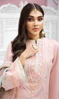 Embroidered Lawn Front Embroidered Lawn Back Plain Lawn Sleeves Embroidered Sleeve Motif Embroidered Sleeve Border Embroidered Front Daman Borders x 2 Embroidered Neckline Schiffli Cotton Trouser Embroidered Net Dupatta Embroidered Dupatta Pallu Embroidered Dupatta Border