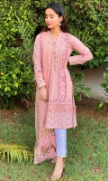 Dusty pink chikan kurta highlighted with trellises paired with gota infused chikan pants and a chiffon block printed ruffled dupatta.