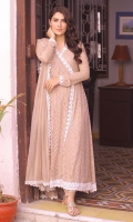 Almond shell chikankari angarkha complimented with lace detailing.