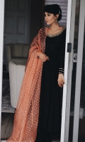 Black mirror worked Pakistani raw silk kalidar paired with Dhaka pajamas and a cantaloupe sequined organza dupatta.