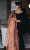 Black mirror worked Pakistani raw silk kalidar paired with Dhaka pajamas and a cantaloupe sequined organza dupatta.