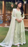 Sky green Pakistani raw silk angarkha paired with an organza appliquéd border dupatta.