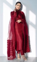 A rich oxblood red structured straight shirt with a fabric manipulated organza dupatta.