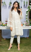 All white organza kurta with pearl, Japanese beads and sequins work. Paired with white embellished cigarette pants.
