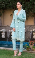 Ice blue raw silk kurta highlighted with pleats, long pearl lines, and fan tassels. Paired with worked self on self cigarette pants.