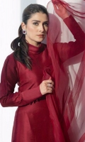A rich oxblood red structured straight shirt with a fabric manipulated organza dupatta.