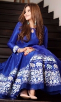 Electric blue raw silk hand blocked kalidaar paired with blue pants and an organza electric blue dupatta.