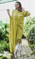 A statement knotted kaftan with an asymmetric hemline. It has fabric tassels dangling down below and embossed bugs on the body with knotted sleeve hems.