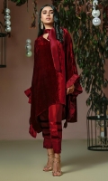 Deep crimson velvet flutter top, accentuated with satin detailing on the sleeves and a tie around the neckline. Paired with raw silk pants with velvet accents.