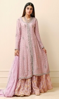 Lavender front open cotton net Anarkali with a silver dabka border on the neckline, slit and daman. Highlighted with booties and a spray of silver sequins. Paired with a jamawar Dhaka pajama and a net dupatta with a spray of silver sequins.  