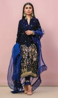 Midnight blue velvet front open jacket with a heavy worked border on the bottom part. Detailed with dabka, resham, gota, and zari. Beautifully highlighted birds and miners to complete the look. Paired with raw silk pants with silver maser organza detailing. Complete the look with flowery organza ruffled dupatta.