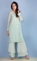 Chic, semi-formal straight kameez embellished with embroidery and stones. It is paired with double layered boot cut pants.