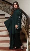 A statement kaftan with an asymmetric finish. The straight full sleeve has a slit running through the centre with pearls and the other sleeve is an exaggerated floor length bell sleeve.