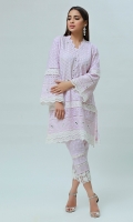 This traditional chikan Kurta with beautiful mirror work encrusted alongside the borders with laces.the hemline of the shirt is further enhanced with crochet laces paired with lace embellished chikan pants.