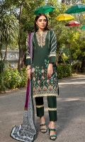 Shirt: Printed Cambric (3 meters) Dupatta: Printed Lawn Doriya (2.5 meters) Trouser: Dyed Cambric (2.5 meters)