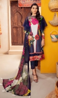 Digital Printed Crinkle Chiffon Dupatta 2.5 meters. Digital printed Front on Cambric Cotton 1.25 yards. 2 Embroidered floral patch for front on organza. Digital Printed Back on Cambric Cotton 1.25 yards. Digital Printed Sleeves on Cambric Cotton 0.69 yard. Plain Dyed Cotton Trouser 2.5 meters.
