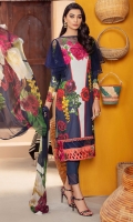 Digital Printed Crinkle Chiffon Dupatta 2.5 meters. Digital printed Front on Cambric Cotton 1.25 yards. 2 Embroidered floral patch for front on organza. Digital Printed Back on Cambric Cotton 1.25 yards. Digital Printed Sleeves on Cambric Cotton 0.69 yard. Plain Dyed Cotton Trouser 2.5 meters.