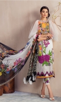 Digital Printed Crinkle Chiffon Dupatta 2.5 meters. Digital printed Front on Cambric Cotton 1.25 yards. 1 Embroidered floral patch for front on organza. Digital Printed Back on Cambric Cotton 1.25 yards. Digital Printed Sleeves on Cambric Cotton 0.69 yard. Plain Dyed Cotton Trouser 2.5 meter. 2 Embroidered floral motifs for trouser.