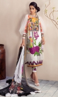 Digital Printed Crinkle Chiffon Dupatta 2.5 meters. Digital printed Front on Cambric Cotton 1.25 yards. 1 Embroidered floral patch for front on organza. Digital Printed Back on Cambric Cotton 1.25 yards. Digital Printed Sleeves on Cambric Cotton 0.69 yard. Plain Dyed Cotton Trouser 2.5 meter. 2 Embroidered floral motifs for trouser.