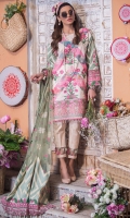 Digital printed embroidered lawn front 1.25 yards. Embroidered border daman for front. Digital printed lawn for back 1.25 yards. Digital printed sleeves 0.69 yards. Embroidered patti with 2 motifs for sleeves. 2 yards dyed net with embroidery for dupatta. 2 pallu screen printed on cotton silk for dupatta. 6 embroidered motifs for both sides of pallu for dupatta. Digital printed cotton trouser 2.50 meters.