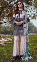 Pure crinkle chiffon digital printed dupata 2.75 yards. Digital printed front 1.25 yards. Embroidered 2 floral patches for front. Heavy embroidered daman 34 inches. Digital printed lawn back 1.25 yards. Digital printed lawn sleeves 0.65 yards. Digital printed trouser 2.75 yards.