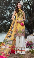Pure silk digital printed dupata 2.75 yards . Embroidered dyed front 1.25 yards. Embroidered daman border 1 meter . Digital printed lawn Back 1.25 yards . Digital printed sleeves 0.65 yards . Digital printed trouser 2.5 meters .