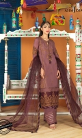 Embroidered Front Center Panel Embroidered Front two Side Panels Embroidered Back Neckline Embroidered Sleeves two bunches Embroidered Sleeves Border Embroidered Back Border 2.5 Meter Embroidered Dupatta Embroidered Daaman Border Front 30"  2.5 Meter Raw Silk Trouser